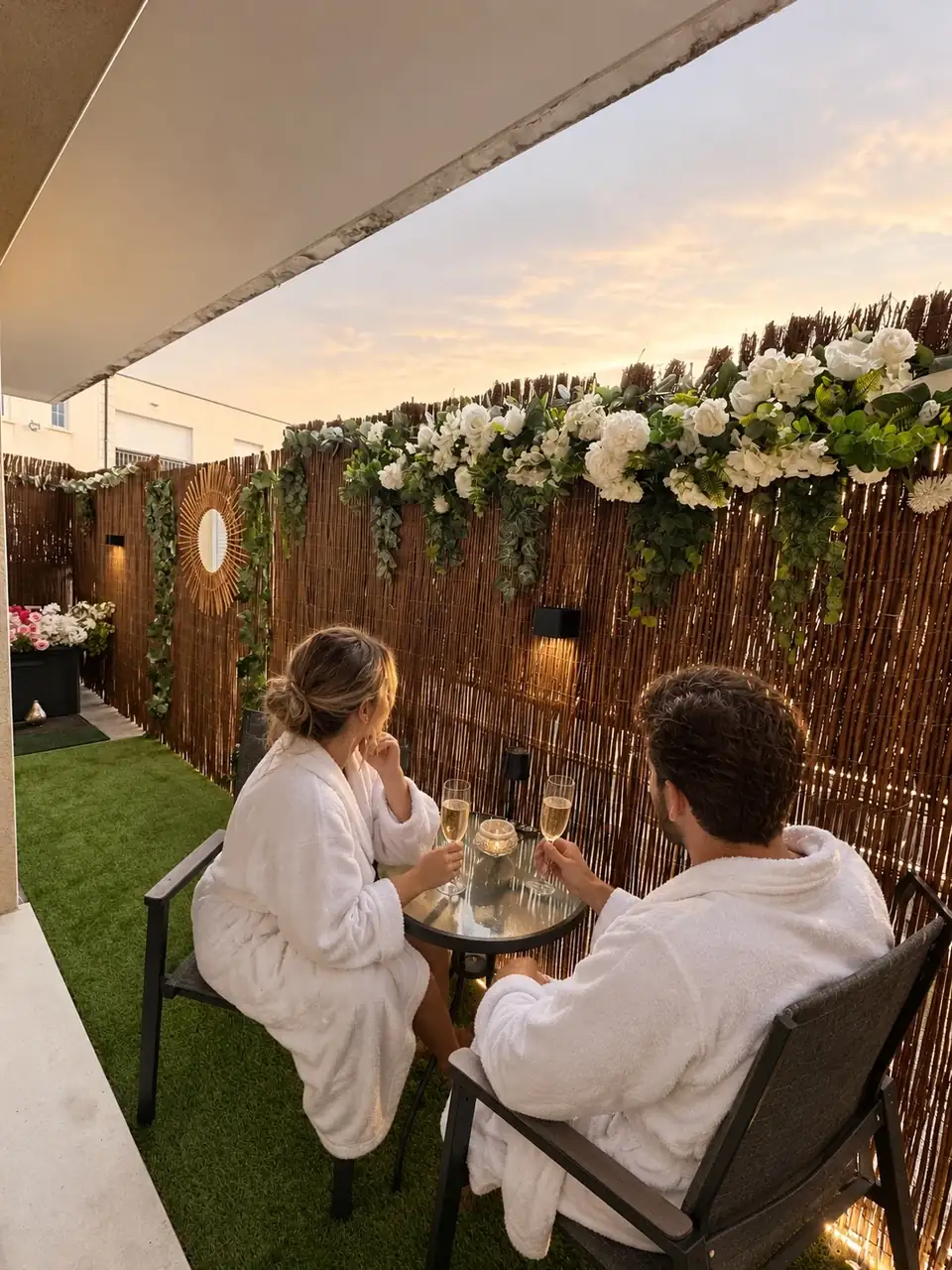 Un couple en peignoir sur le balcon fleuri de la suite au coucher du soleil