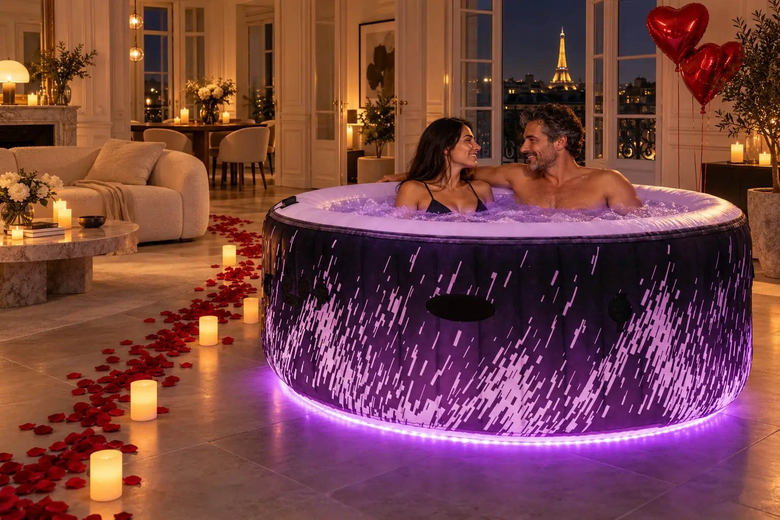 Livraison de Jacuzzi à domicile : un spa INTEX lumineux dans un salon romantique, visuel d’illustration